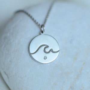 Gold wave necklace Engraved necklace with diamond Surfer necklace for women image 1