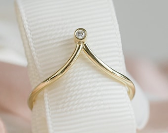 Diamond V ring, Tiny diamond ring, Solid gold pointed ring