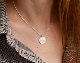 Hammered solid gold disc necklace, Delicate gold necklace, Thin gold chain necklace