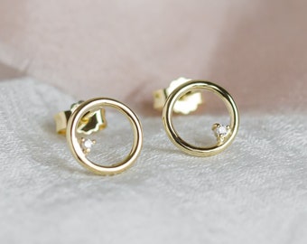 Open circle stud earrings Solid gold delicate stud earrings Tiny diamond studs