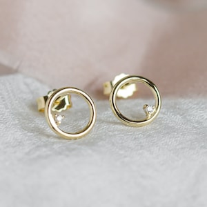 Open circle stud earrings Solid gold delicate stud earrings Tiny diamond studs