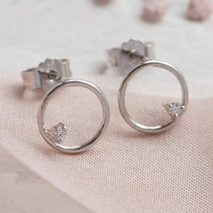 Open circle stud earrings Solid gold delicate stud earrings Tiny diamond studs