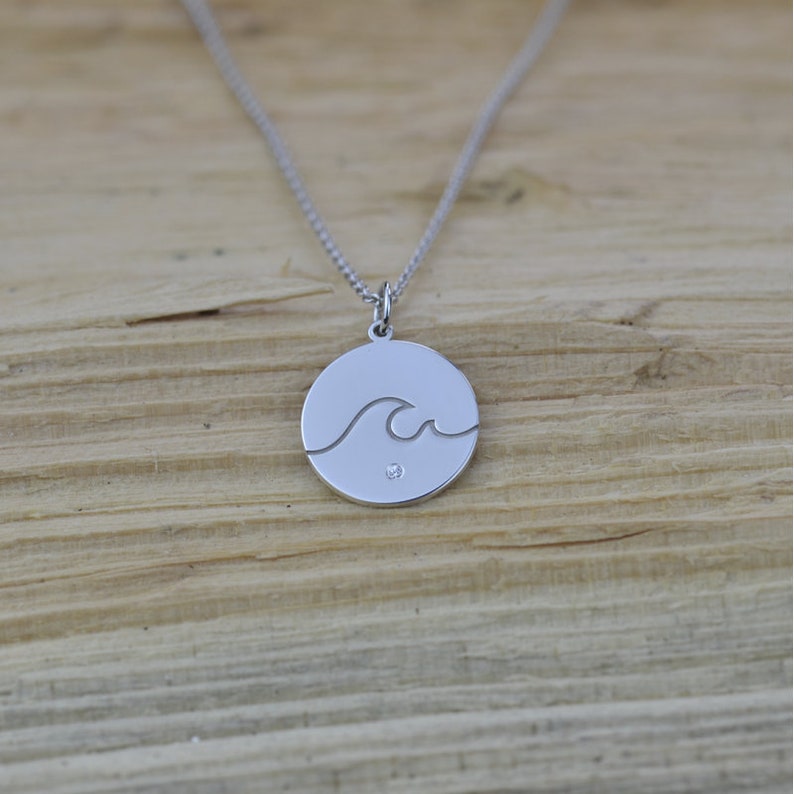 Gold wave necklace Engraved necklace with diamond Surfer necklace for women image 5