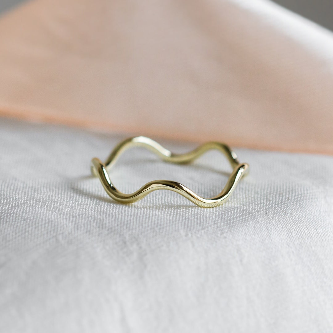 Solid Gold Wave Ring, Thin Band Wedding Ring, Gold Midi Ring - Etsy