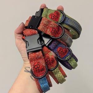 Może przedstawiać: Dłoń trzyma kolekcję obroży dla psów w różnych kolorach, w tym czerwonym, zielonym, niebieskim i szarym. Każda obroża ma czarną klamrę i czarny metalowy pierścień. Obroże mają tkaną fakturę i naszywkę w kształcie serca z napisem "Belay Dogs".