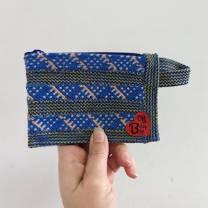 Monedero mini zip de cuerda, billetera reciclada de rayas azules, monedero de monedas, billetera de tarjetas, mini billetera, bolsa pequeña con cremallera