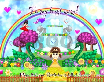 May include: A colorful birthday card with a whimsical design. The card features a rainbow, heart shapes, and a garden scene with swans, flowers, and cartoon characters. Text reads "To my best mom!" and "Hope that your Birthday is full of flowers!"