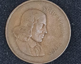 Moneda de 2 centavos de Sudáfrica de 1965: ñu de bronce, moneda con retrato de Jan van Riebeeck