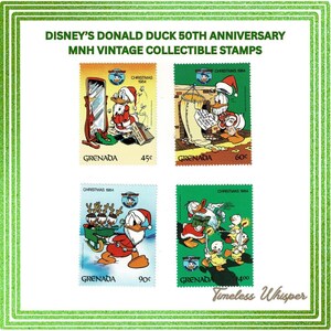 Op de afbeelding: Een vel met vier vintage Donald Duck kerstzegels uit Grenada, ter gelegenheid van het 50-jarig jubileum. Elke postzegel toont Donald Duck in feestelijke kleding, met prijzen van 45¢ tot $4,00. De postzegels zijn uit 1984.