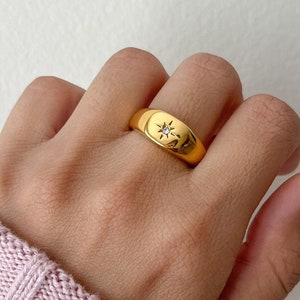 Gold Star Signet Ring: Tarnish Free Stainless Steel Band