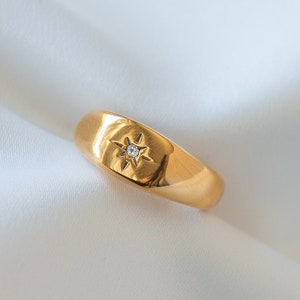 Gold Star Signet Ring: Tarnish Free Stainless Steel Band