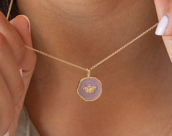 Gold Bee Pendant Necklace: Enamel Charm, Sterling Silver Chain