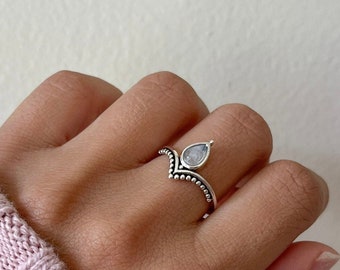Rainbow Moonstone Ring: 925 Oxidized Sterling Silver Boho Ring
