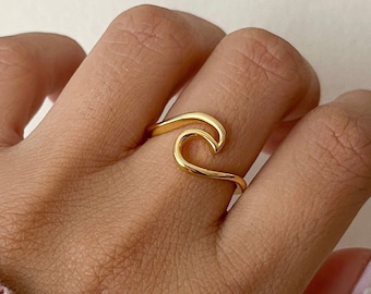 Gold Ocean Wave Ring: 14K Plated Sterling Silver Beach Jewelry