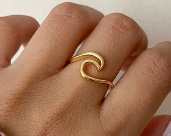 Gold Ocean Wave Ring, 925 Sterling Silver Ring, Beach Theme Jewelry, Tarnish Resistant Ring, Ocean Jewelry, 14K Gold Plated