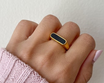 Tarnish Free Ring, Stainless Steel Ring, Gold Signet Ring, Chunky Band Ring, Gold Rectangle Ring, Black and Gold Ring, Water Resistant