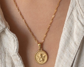 18K Gold Engel Medaillon Halskette | Nicht anlaufender Edelstahl