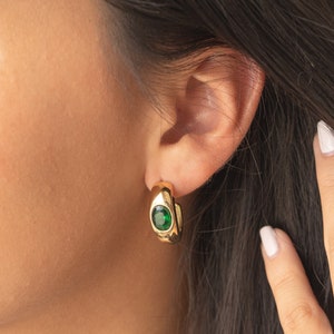 Gold Stainless Steel Hoop Earrings with Emerald Green Artificial Stones | Bold & Elegant Statement Earrings | Chunky Hoops