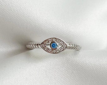 Evil Eye Ring: Aqua CZ Sterling Silver Protection Ring