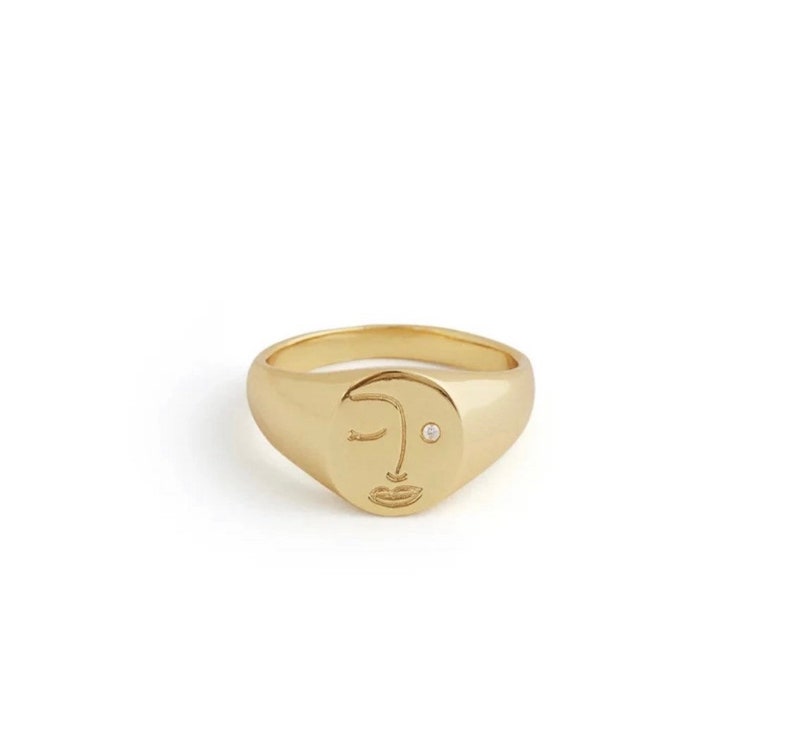 Size 7, Gold Signet Ring, Abstract Face Ring, Abstract Jewelry, Face Jewelry, Gold Ring For Woman, Gifts For Her image 3