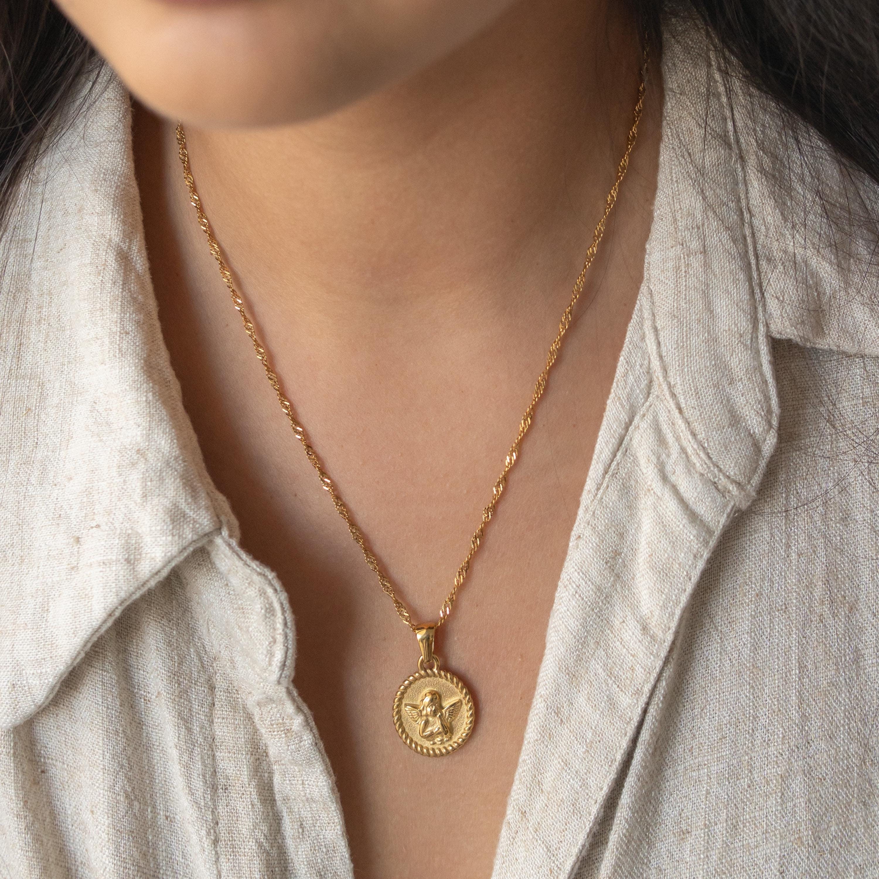 18K Gold Angel Medallion Necklace | Non Tarnish Stainless Steel - Etsy 18K Gold Angel Medallion Necklace | Non Tarnish Stainless Steel - Etsy