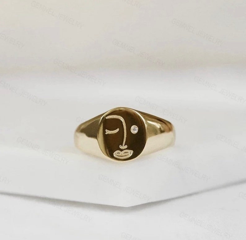 Size 7, Gold Signet Ring, Abstract Face Ring, Abstract Jewelry, Face Jewelry, Gold Ring For Woman, Gifts For Her image 2