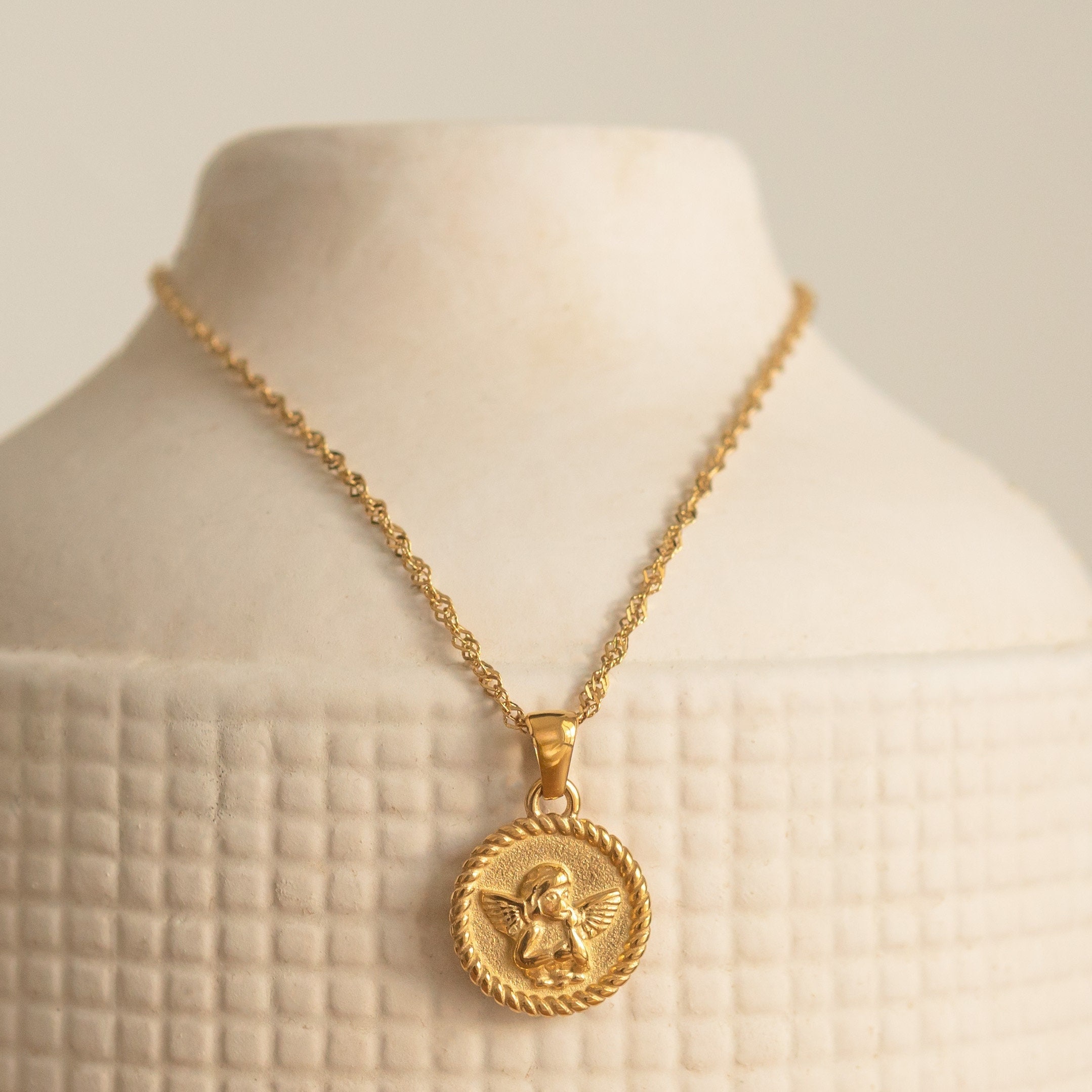 18K Gold Angel Medallion Necklace | Non Tarnish Stainless Steel - Etsy