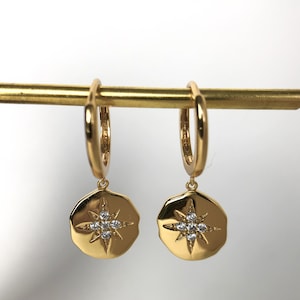 18k Gold Plated Mini Hoop Earrings, Round Earring With Star, Sterling Silver Jewelry, Round Huggie Earrings