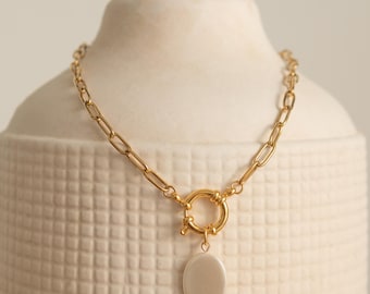 18K Gold Paperclip Chain Necklace | Faux Pearl Toggle Clasp