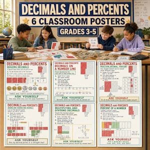 May include: A set of six educational posters titled Decimals and Percents for grades 3-5. Each poster features instructional text, mathematical examples, and grid diagrams explaining decimal and percentage concepts, including reading, number lines, fractions, and operations.