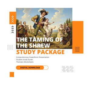 Op de afbeelding: Een digitaal studiepakket voor "De getemde feeks" met een klassiek schilderij van de personages van het stuk. Het pakket bevat een PowerPoint-presentatie, een studentengids en thematische werkbladen. De tekst "DIGITALE DOWNLOAD" is ook zichtbaar.