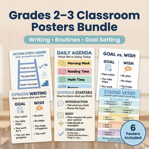 May include: A bundle of six classroom posters for grades 2-3, featuring topics like writing, routines, and goal setting. The posters include action steps, daily agendas, opinion writing, sentence starters, and strong verbs, with colorful illustrations.