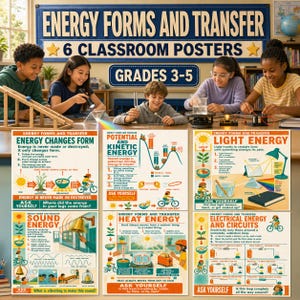 Może przedstawiać: Zestaw sześciu edukacyjnych plakatów klasowych zatytułowanych Energy Forms and Transfer dla klas 3-5. Każdy plakat zawiera kolorowe ilustracje i tekst wyjaśniający pojęcia takie jak energia potencjalna, kinetyczna, świetlna, dźwiękowa, cieplna i elektryczna.
