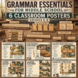 May include: A set of six educational classroom posters titled Grammar Essentials for Middle School, featuring wooden display stands with interactive grammar components like sentence structures, subject-verb agreement, and pronoun cases.