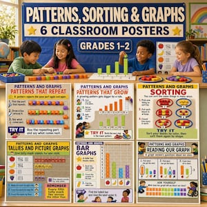 Può includere: Un set di sei poster educativi per l'aula intitolati Patterns, Sorting & Graphs per le classi 1-2. I poster presentano illustrazioni colorate, istruzioni testuali ed esempi di schemi ripetitivi, schemi crescenti, smistamento, conteggi e grafici.