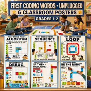 May include: A set of six educational classroom posters titled First Coding Words Unplugged for grades 1-2. Each poster features colorful grid diagrams, directional arrow icons, and instructional text explaining coding concepts like algorithms, sequences, loops, debugging, if-then logic, and robot movement.