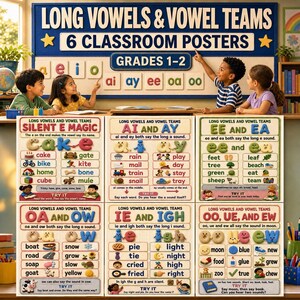 May include: A set of six educational classroom posters titled Long Vowels & Vowel Teams Grades 1-2. Each poster features colorful illustrations, word lists, and phonetic rules for vowel combinations like silent e, ai, ay, ee, ea, oa, ow, ie, igh, oo, ue, and ew.