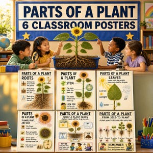 May include: A set of six educational classroom posters titled Parts of a Plant, featuring diagrams of roots, stems, leaves, flowers, seeds, and growth cycles. Each poster includes descriptive text, illustrations of sunflowers, and scientific labels.