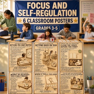 May include: A set of six educational posters titled Focus and Self-Regulation for grades 3-5. Each poster features sepia-toned illustrations and instructional text for classroom management, including topics like noticing drifting, getting back on task, and clearing space.