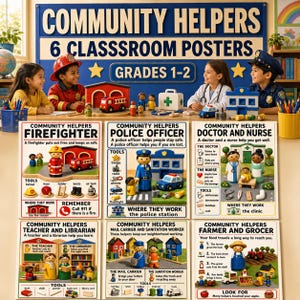 May include: A set of six educational posters titled Community Helpers for grades 1-2, featuring illustrations of various professions including firefighters, police officers, doctors, nurses, teachers, librarians, mail carriers, and farmers.