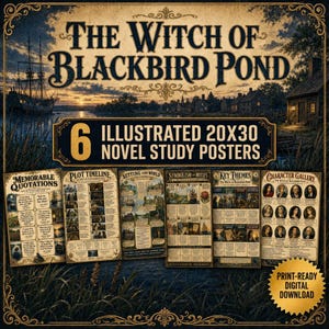 May include: A set of six illustrated 20x30 inch novel study posters for The Witch of Blackbird Pond. The posters feature vintage-style typography and imagery, including sections for memorable quotations, plot timelines, settings, and characters.