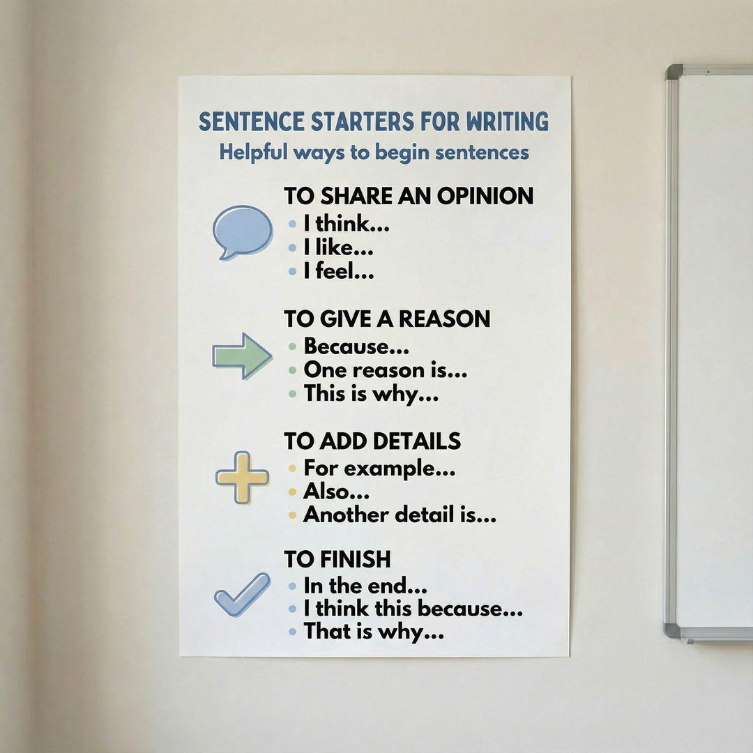 Grades 2–3 Sentence Starters Writing Poster for Kids | Opinion Writing ...