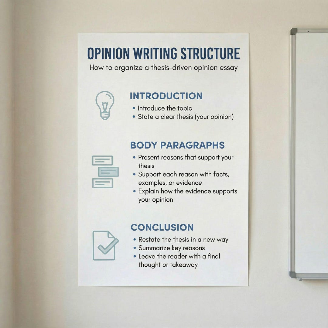 Grades 6–8 Opinion Writing Structure Poster | Thesis-driven Essay Guide ...