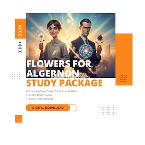 Puede incluir: Gráfico digital para un paquete de estudio "Flores para Algernon". La imagen muestra dos figuras con flores, con texto superpuesto. El paquete incluye una presentación de PowerPoint, una guía para estudiantes y hojas de trabajo temáticas, en descarga digital.