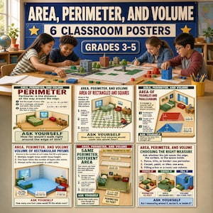 May include: A set of six educational posters titled Area, Perimeter, and Volume for grades 3-5. Each poster features colorful illustrations of rooms, geometric shapes, and text explaining mathematical concepts like calculating area, perimeter, and volume.