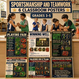 Puede incluir: Un conjunto de seis carteles educativos titulados Sportsmanship and Teamwork para los grados 3-5. Cada cartel presenta texto e ilustraciones que representan escenarios como jugar limpio, ganar bien, perder bien, incluir a todos y hablar en equipo.