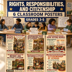 May include: A set of six educational posters titled Rights, Responsibilities, and Citizenship for grades 3-5. The posters feature illustrations and text explaining civic concepts like voting, active citizenship, and school rules in a classroom.
