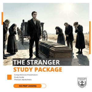May include: An illustration for "The Stranger Study Package" shows a man in a black suit standing near a coffin, with mourners in black clothing. A horse-drawn hearse is in the background. The text "THE STRANGER STUDY PACKAGE" is displayed.