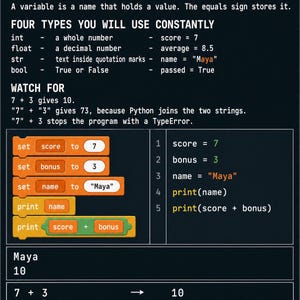 以下が含まれることがあります： Coding and Computational Thinking: Variables and Data Typesというタイトルの教育用ポスター。int、float、str、boolの各型を例を挙げて説明しています。Scratchスタイルのコードブロック、Pythonコードのスニペット、数学演算が記載されています。