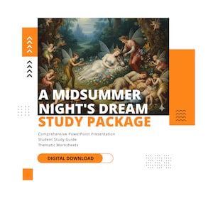 Könnte beinhalten: Digitales Studienpaket für "A Midsummer Night's Dream" mit einem Gemälde von Feen und schlafenden Figuren. Enthält eine PowerPoint-Präsentation, einen Studienführer und thematische Arbeitsblätter. Der Text "DIGITALER DOWNLOAD" ist ebenfalls sichtbar.